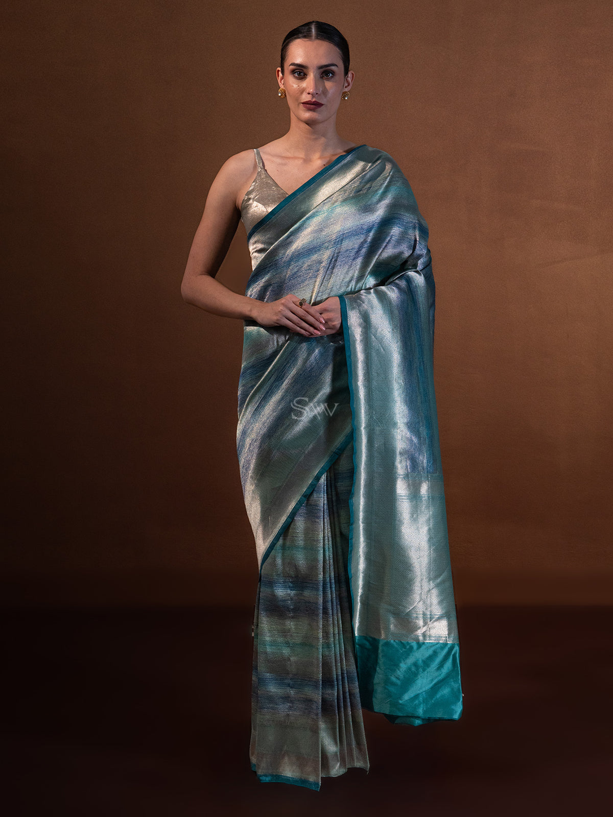 Teal Blue Tissue Katan Silk Handloom Banarasi Saree