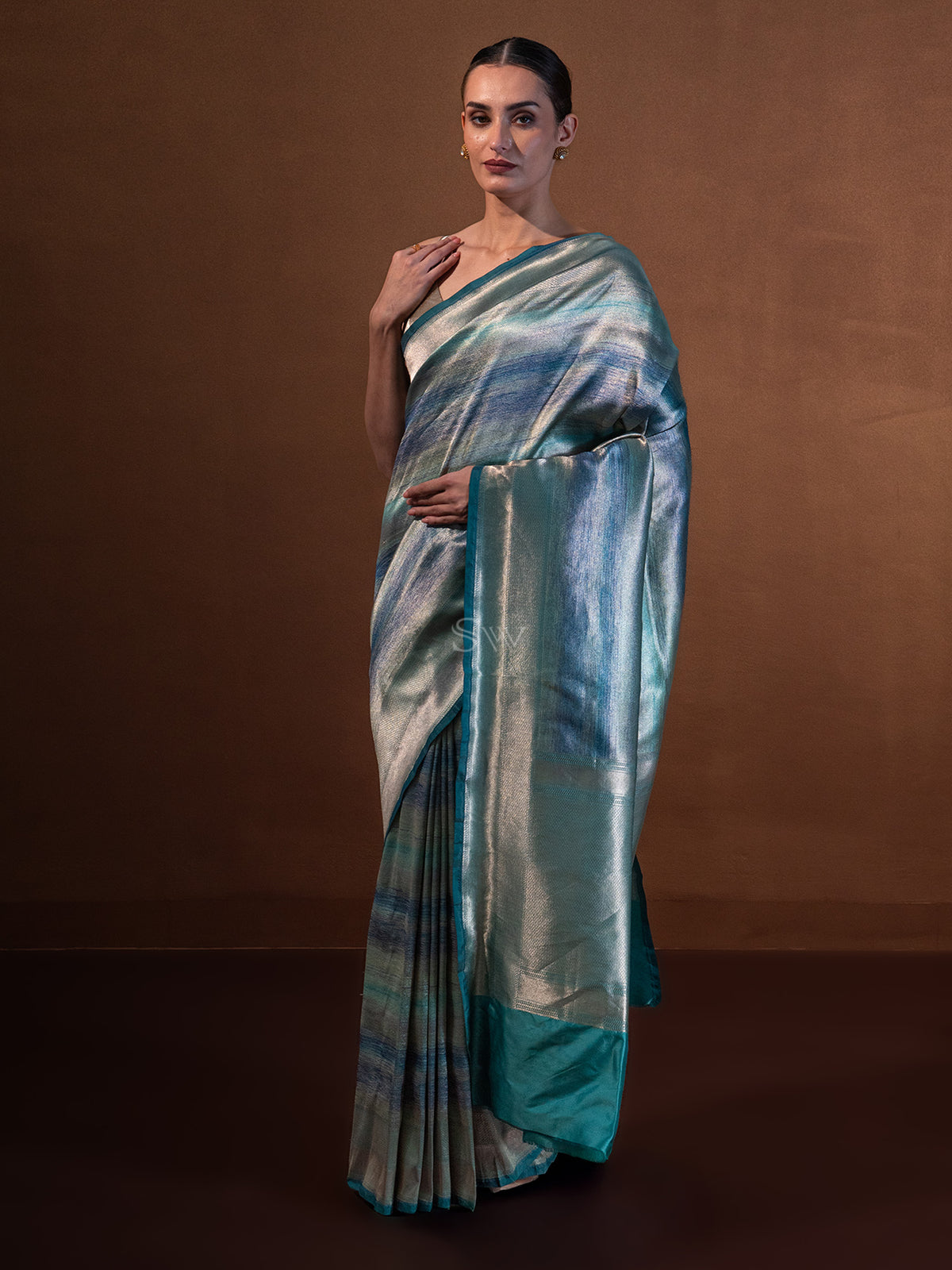 Teal Blue Tissue Katan Silk Handloom Banarasi Saree