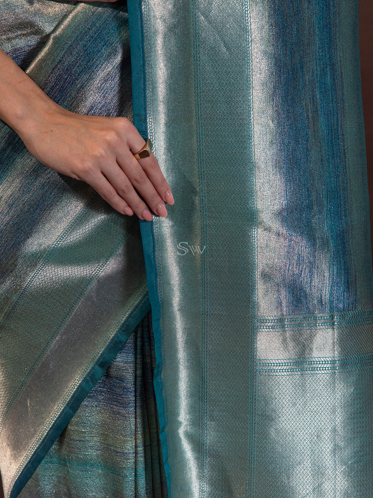 Teal Blue Tissue Katan Silk Handloom Banarasi Saree