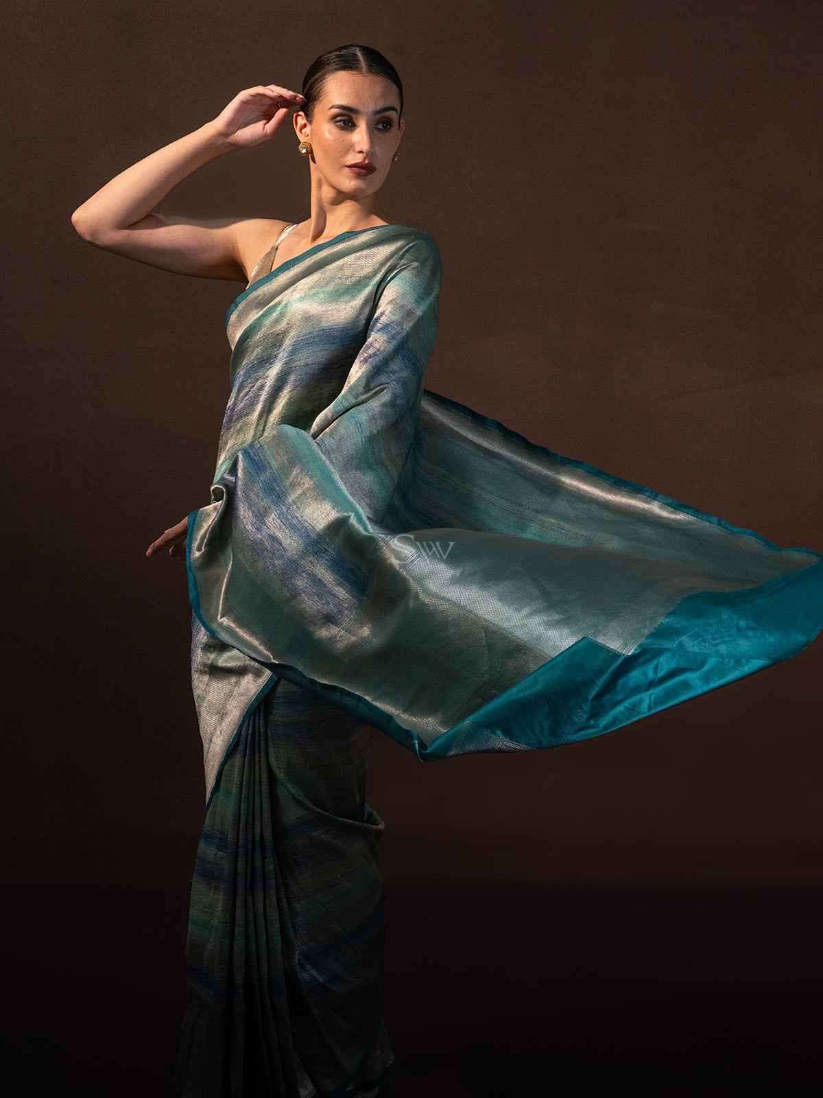 Teal Blue Tissue Katan Silk Handloom Banarasi Saree