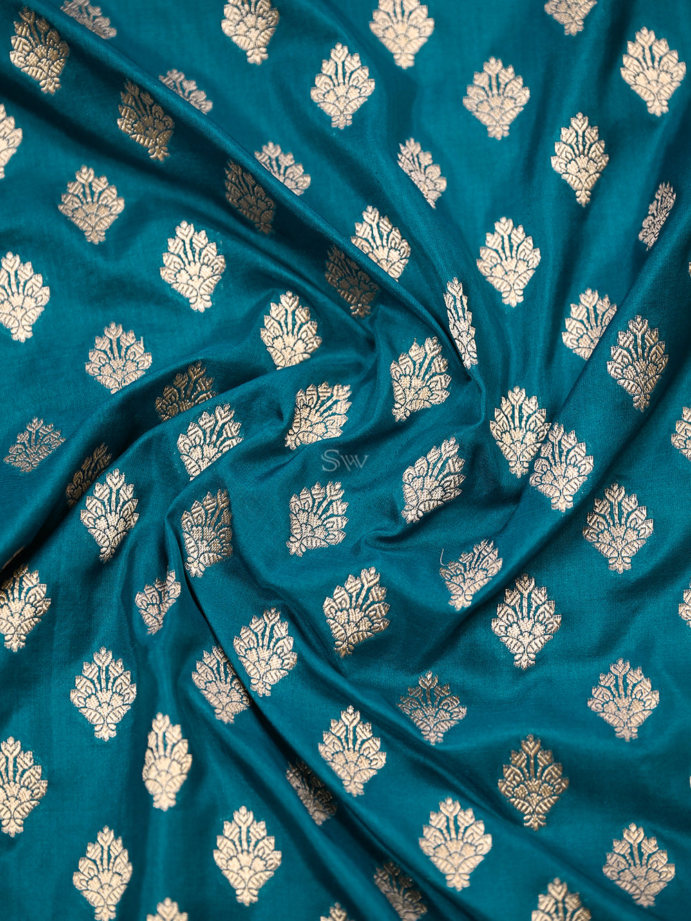 Teal Blue Booti Katan Silk Handloom Banarasi Saree