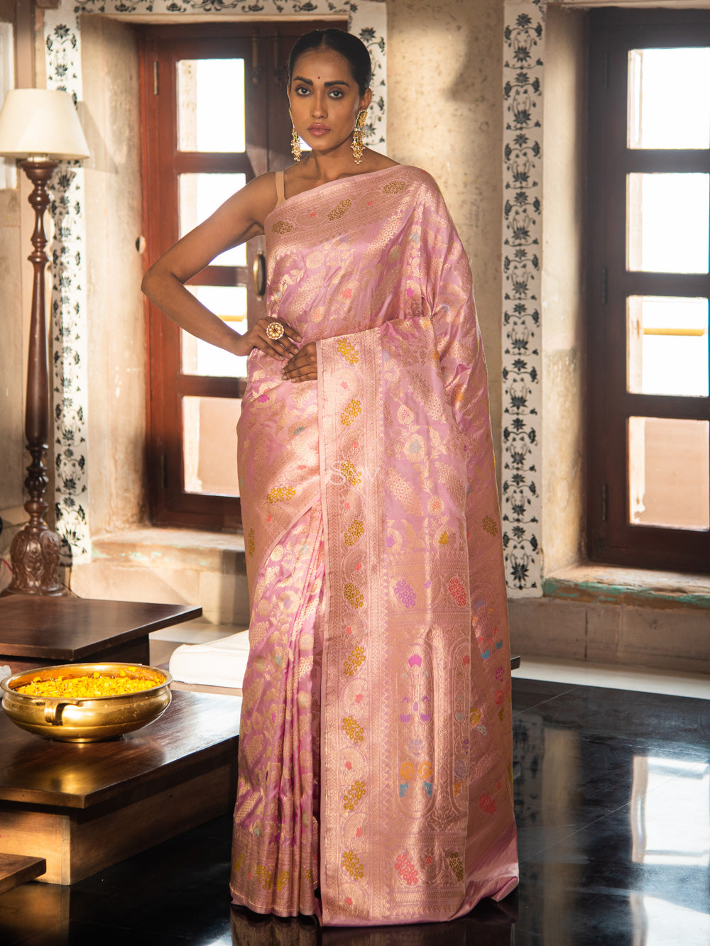 Peach Meenakari Katan Silk Handloom Banarasi Saree - Sacred Weaves