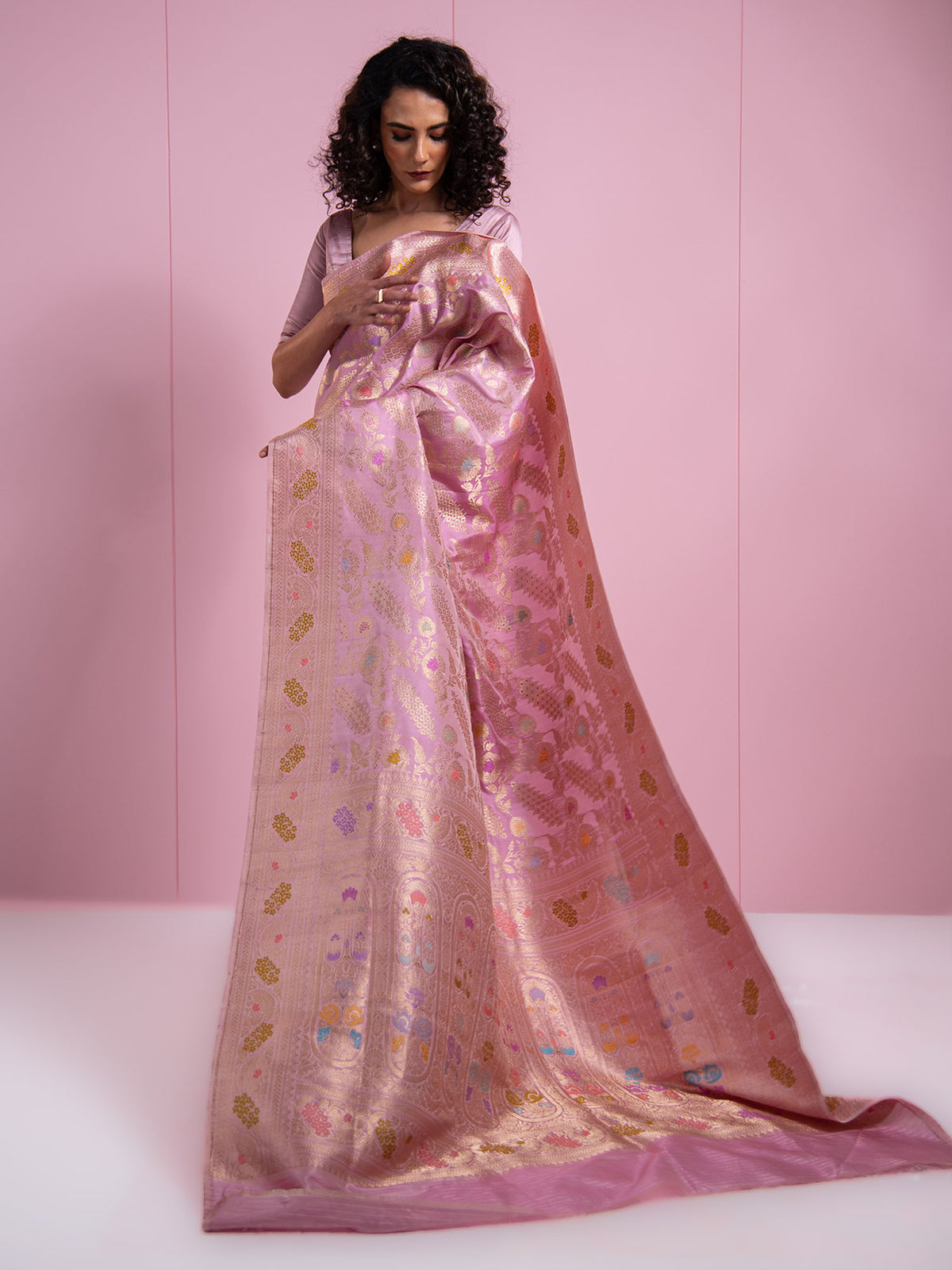 Pastel Pink Meenakari Katan Silk Handloom Banarasi Saree - Sacred Weaves