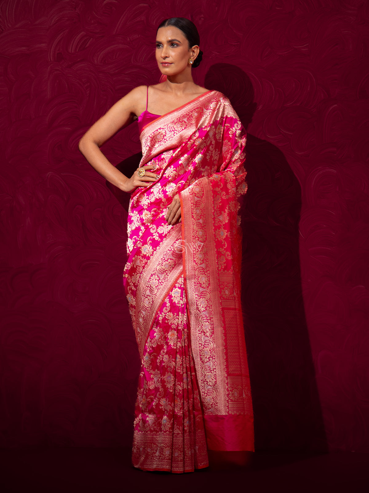 Pink Orange Meenakari Katan Silk Handloom Banarasi Saree