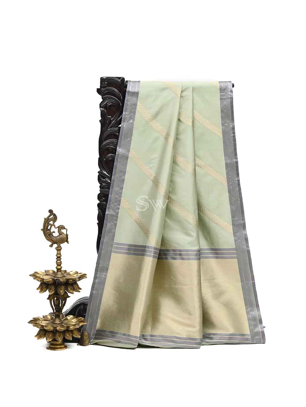 Pastel Olive Green Stripe Katan Silk Handloom Banarasi Saree - Sacred Weaves