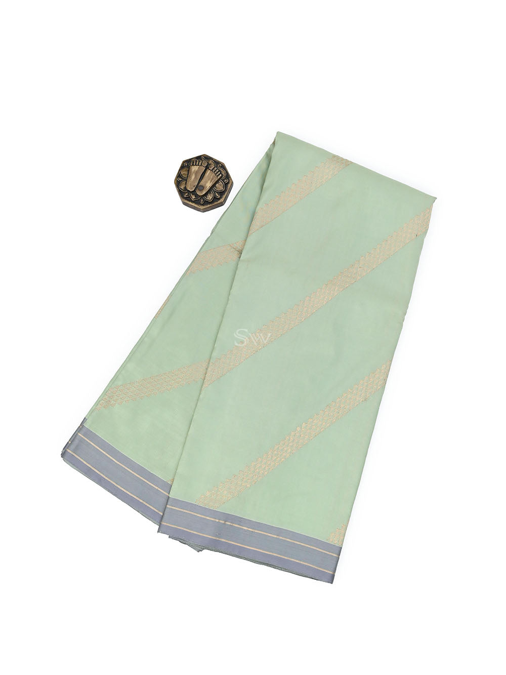 Pastel Olive Green Stripe Katan Silk Handloom Banarasi Saree