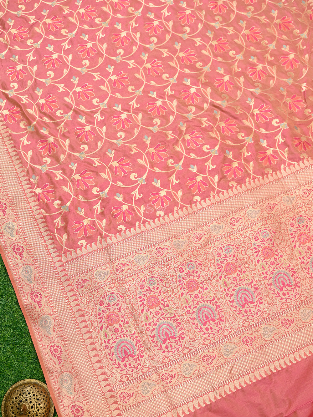 Pink Peach Meenakari Jaal Katan Silk Handloom Banarasi Saree