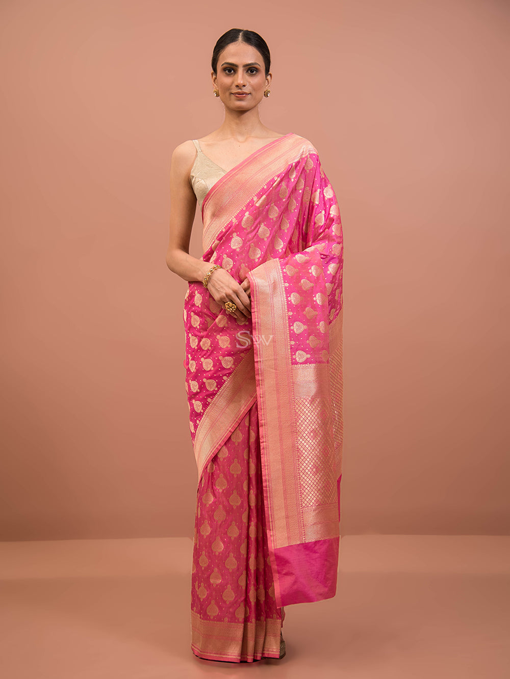 Peach Meenakari Katan Silk Handloom Banarasi Saree - Sacred Weaves