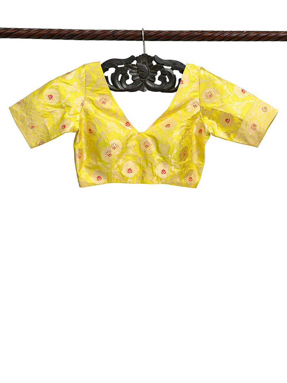 Lime Yellow Meenakari Uppada Silk Banarasi Ready-Made Blouse - Sacred Weaves