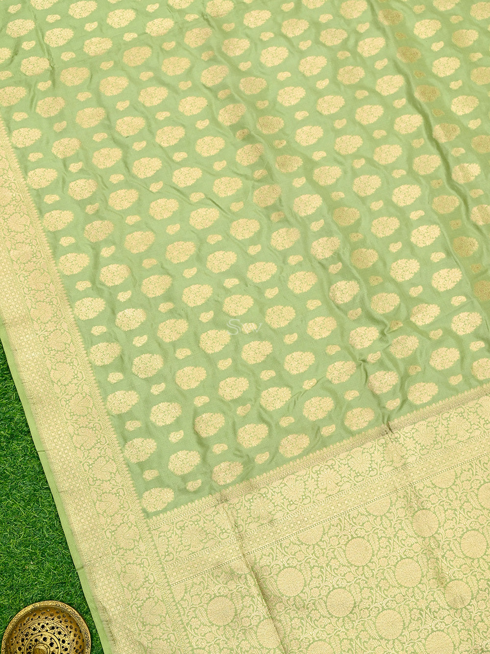 Pastel Green Boota Uppada Katan Silk Handloom Banarasi Saree - Sacred Weaves