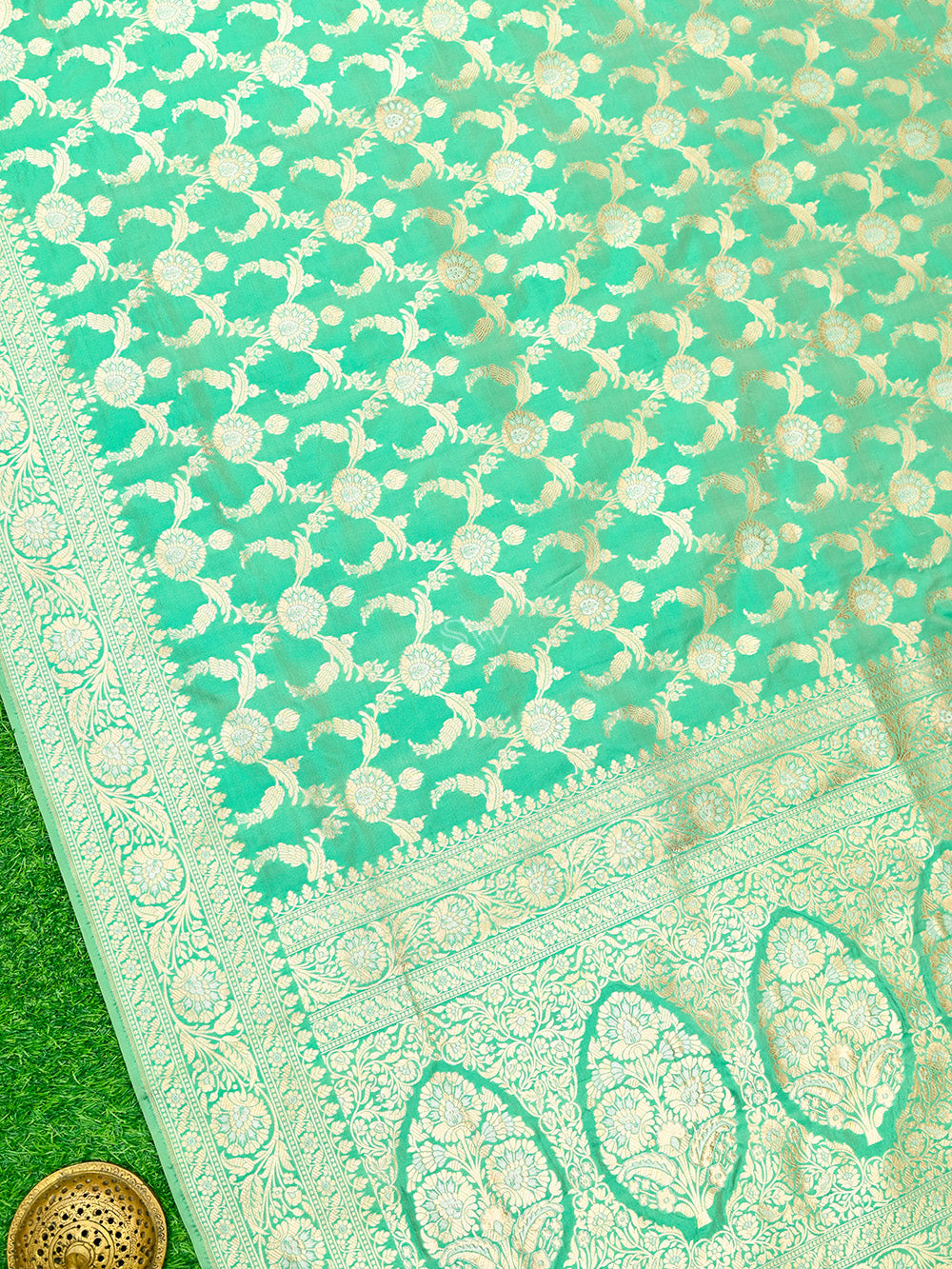 Aqua Green Jaal Uppada Katan Silk Handloom Banarasi Saree - Sacred Weaves