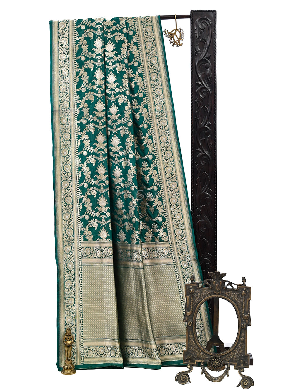 Bottle Green Jaal Katan Silk Handloom Banarasi Saree