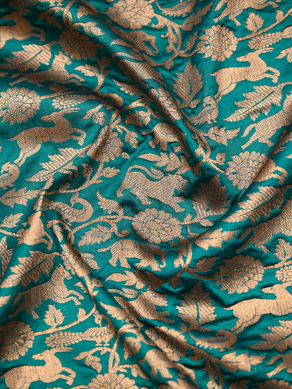 Teal Green Shikargah Katan Silk Handloom Banarasi Saree - Sacred Weaves