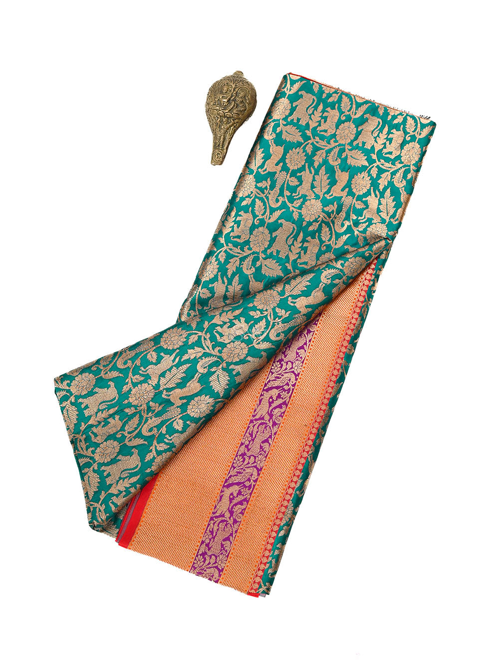 Teal Green Shikargah Katan Silk Handloom Banarasi Saree - Sacred Weaves