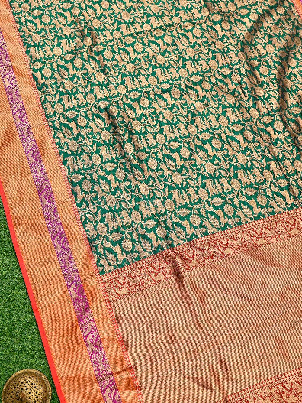 Bottle Green Shikargah Katan Silk Handloom Banarasi Saree - Sacred Weaves