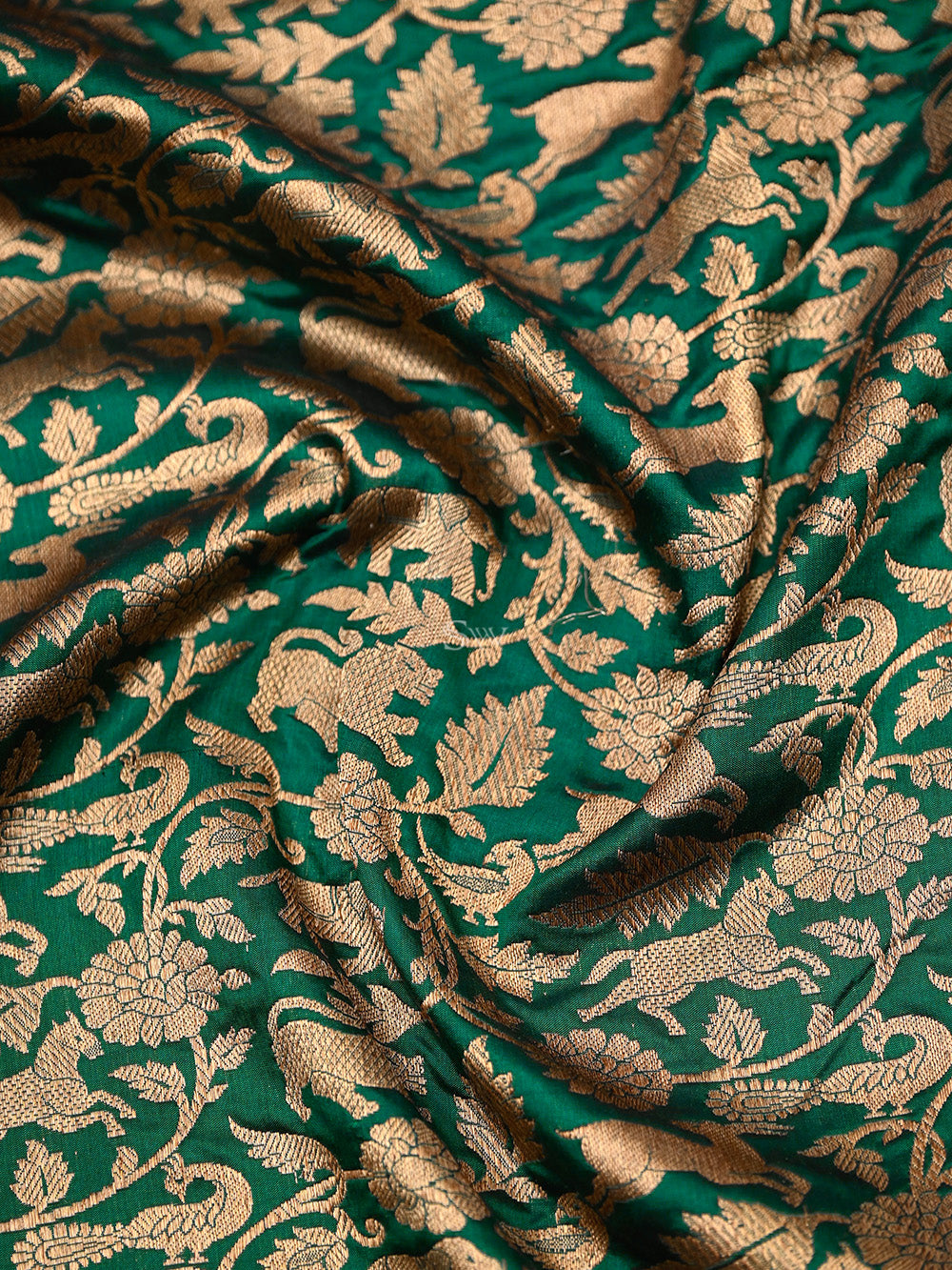 Bottle Green Shikargah Katan Silk Handloom Banarasi Saree - Sacred Weaves