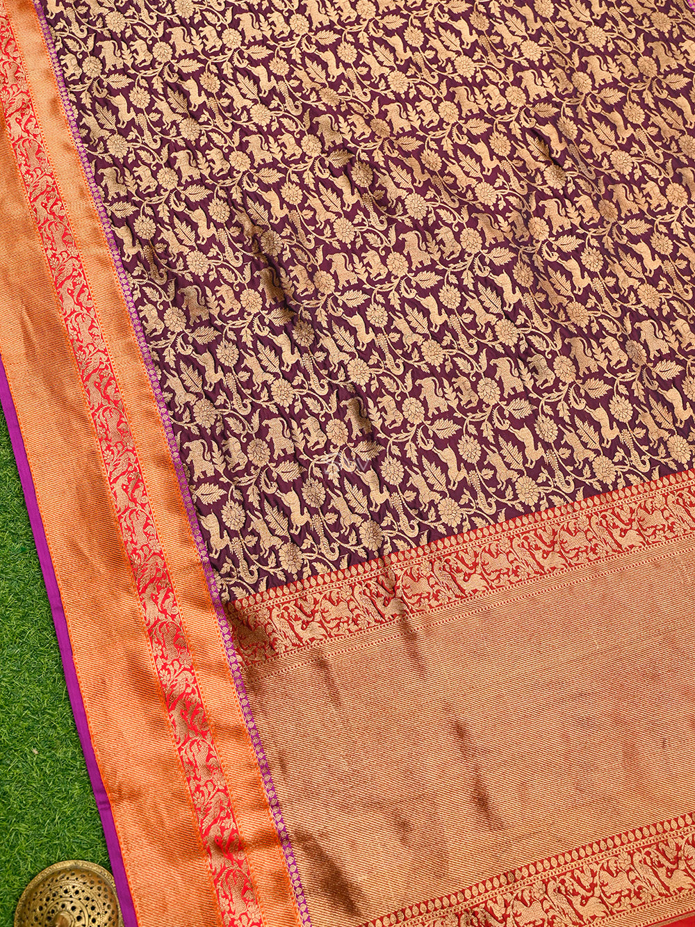 Wine Shikargah Katan Silk Handloom Banarasi Saree - Sacred Weaves