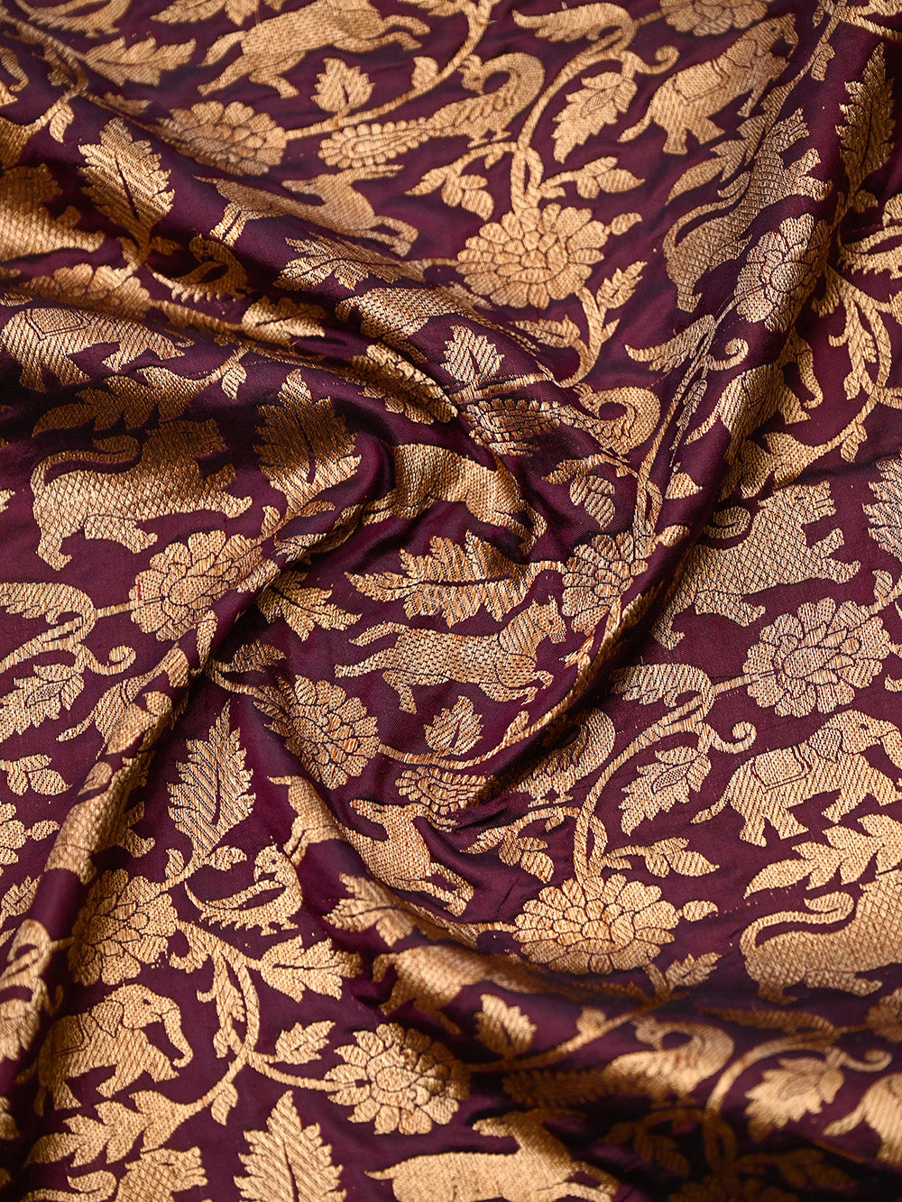 Wine Shikargah Katan Silk Handloom Banarasi Saree - Sacred Weaves