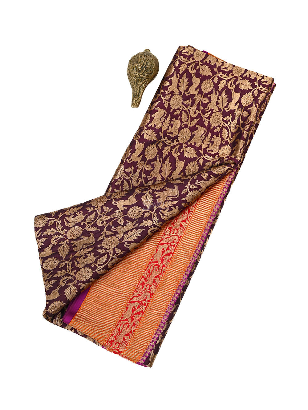 Wine Shikargah Katan Silk Handloom Banarasi Saree - Sacred Weaves