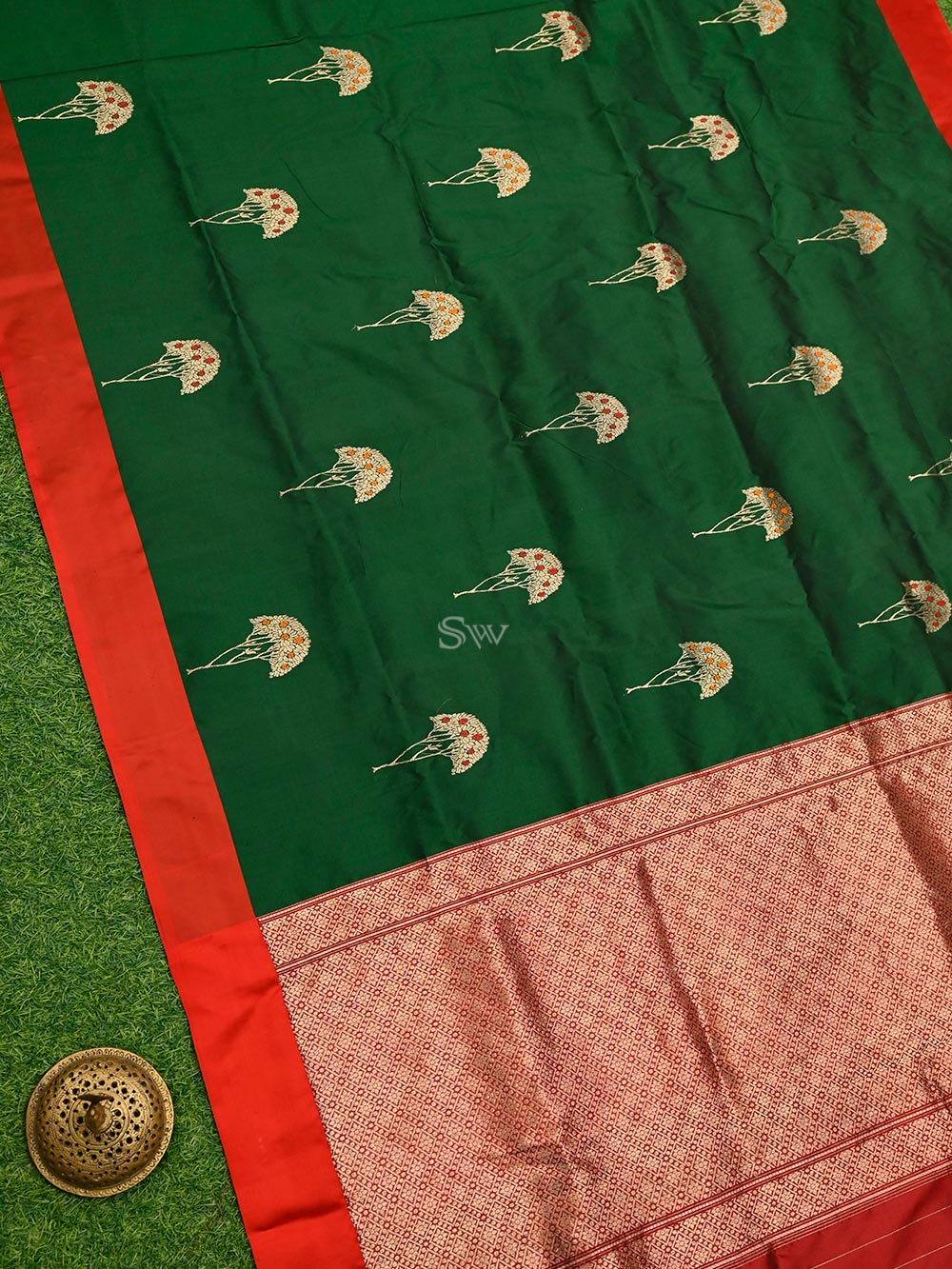 Bottle Green Meenakari Boota Katan Silk Handloom Banarasi Saree -Sacred Weaves