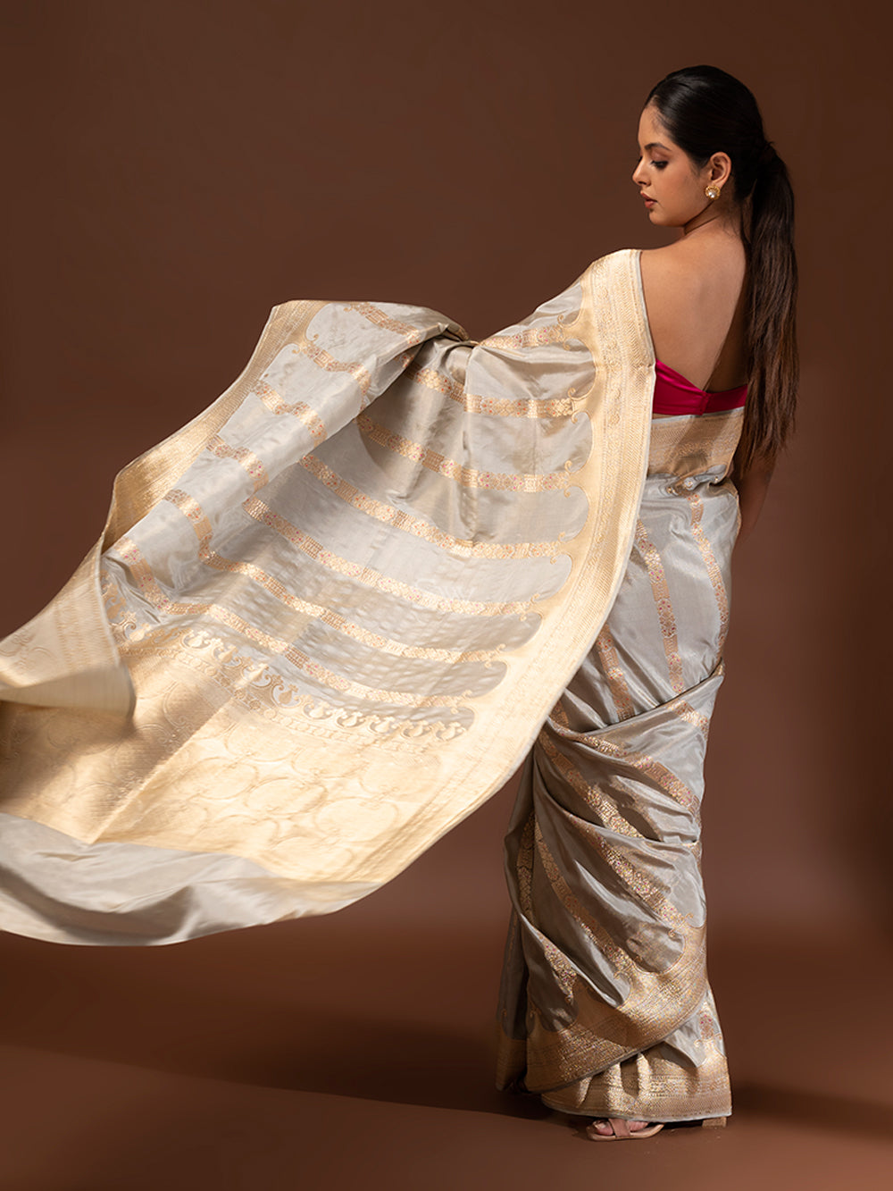 Grey Meenakari Katan Silk Tissue Handloom Banarasi Saree - Sacred Weaves