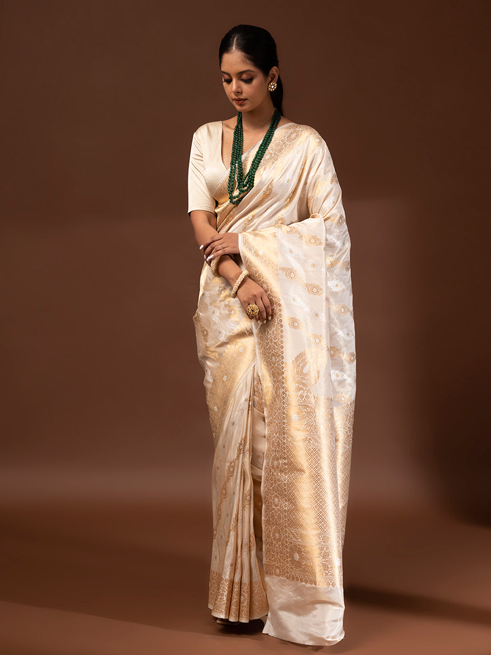 HandweaveIndia Herringbone Gold silk cotton Tissue saree – Okhaistore