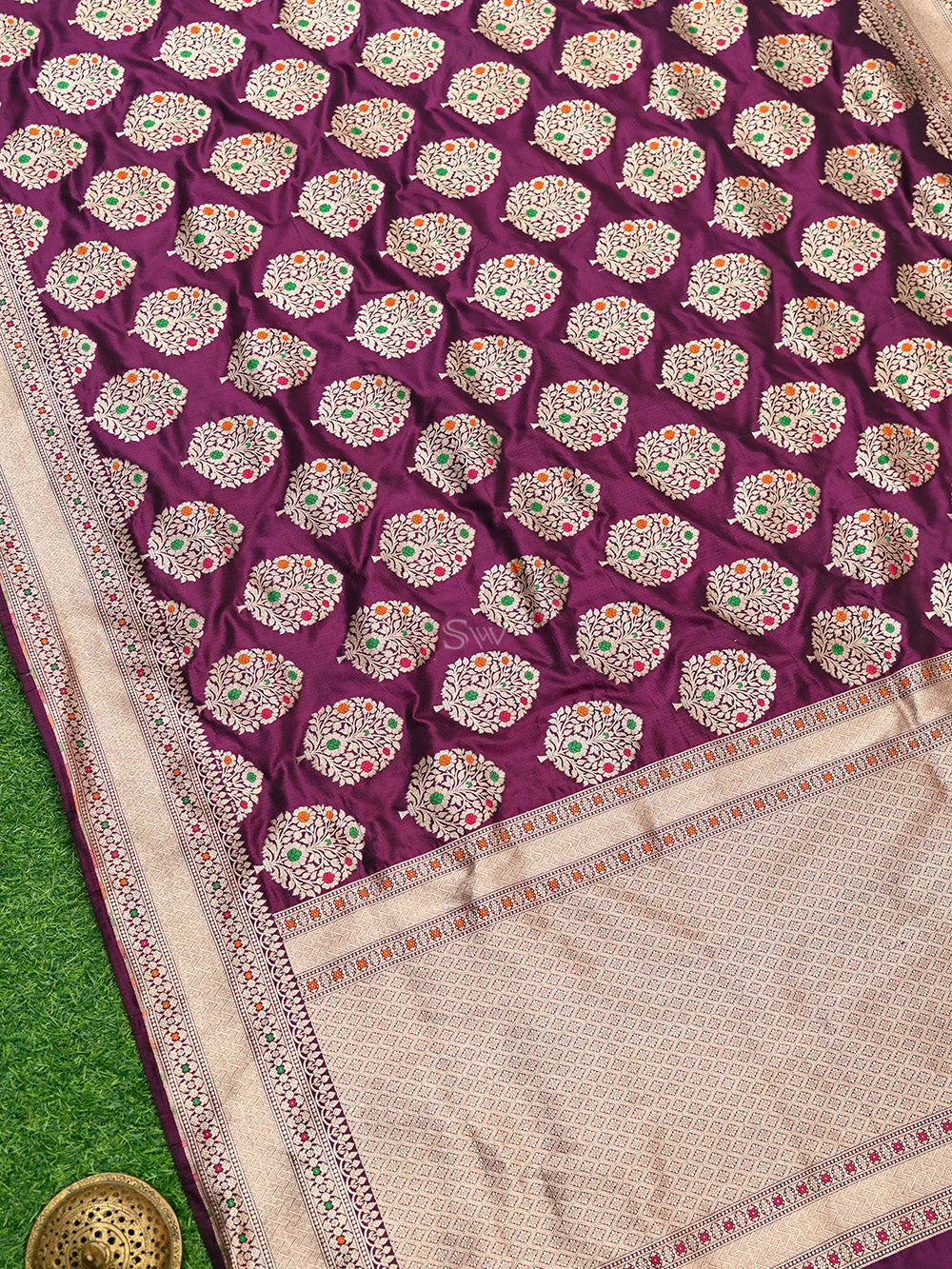 Wine Meenakari Boota Katan Silk Handloom Banarasi Saree