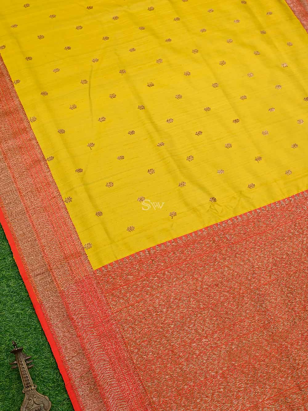 Yellow Booti Dupion Silk Handloom Banarasi Saree - Sacred Weaves