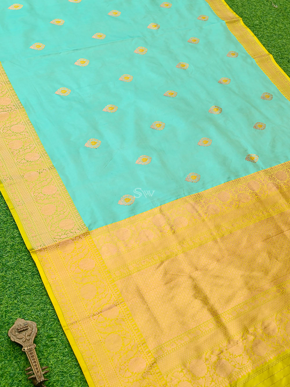 Turquoise Meenakari Boota Katan Silk Handloom Banarasi Saree - Sacred Weaves