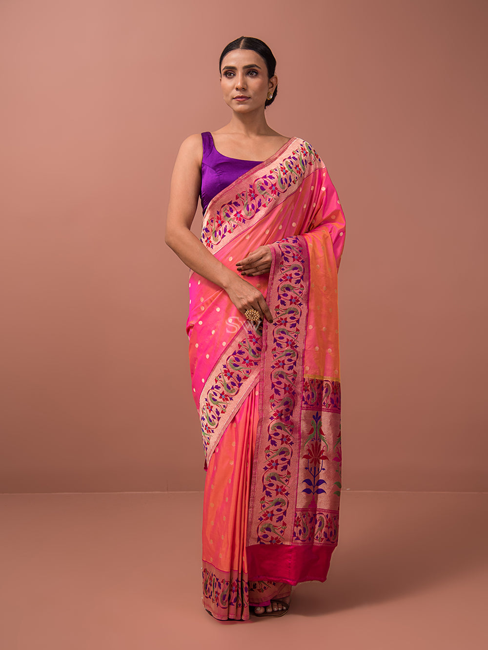 Orange Maheshwari Silk Handloom Cotton Saree with Pink Border | Shop Online