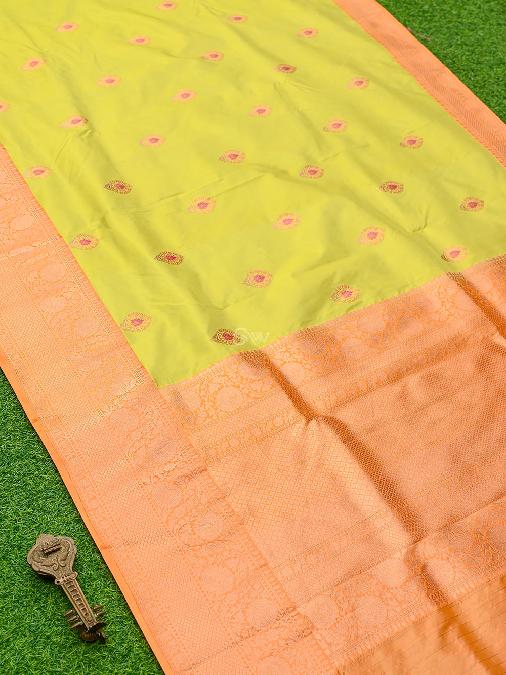 Lime Yellow Meenakari Boota Katan Silk Handloom Banarasi Saree - Sacred Weaves