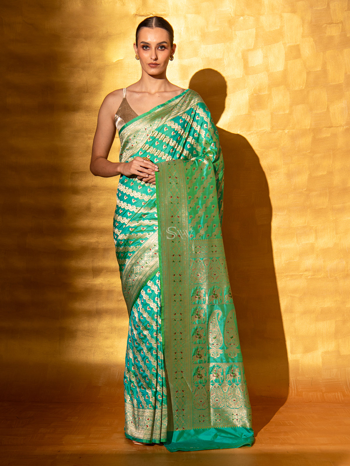 Sea Green Shikargah Katan Silk Handloom Banarasi Saree - Sacred Weaves