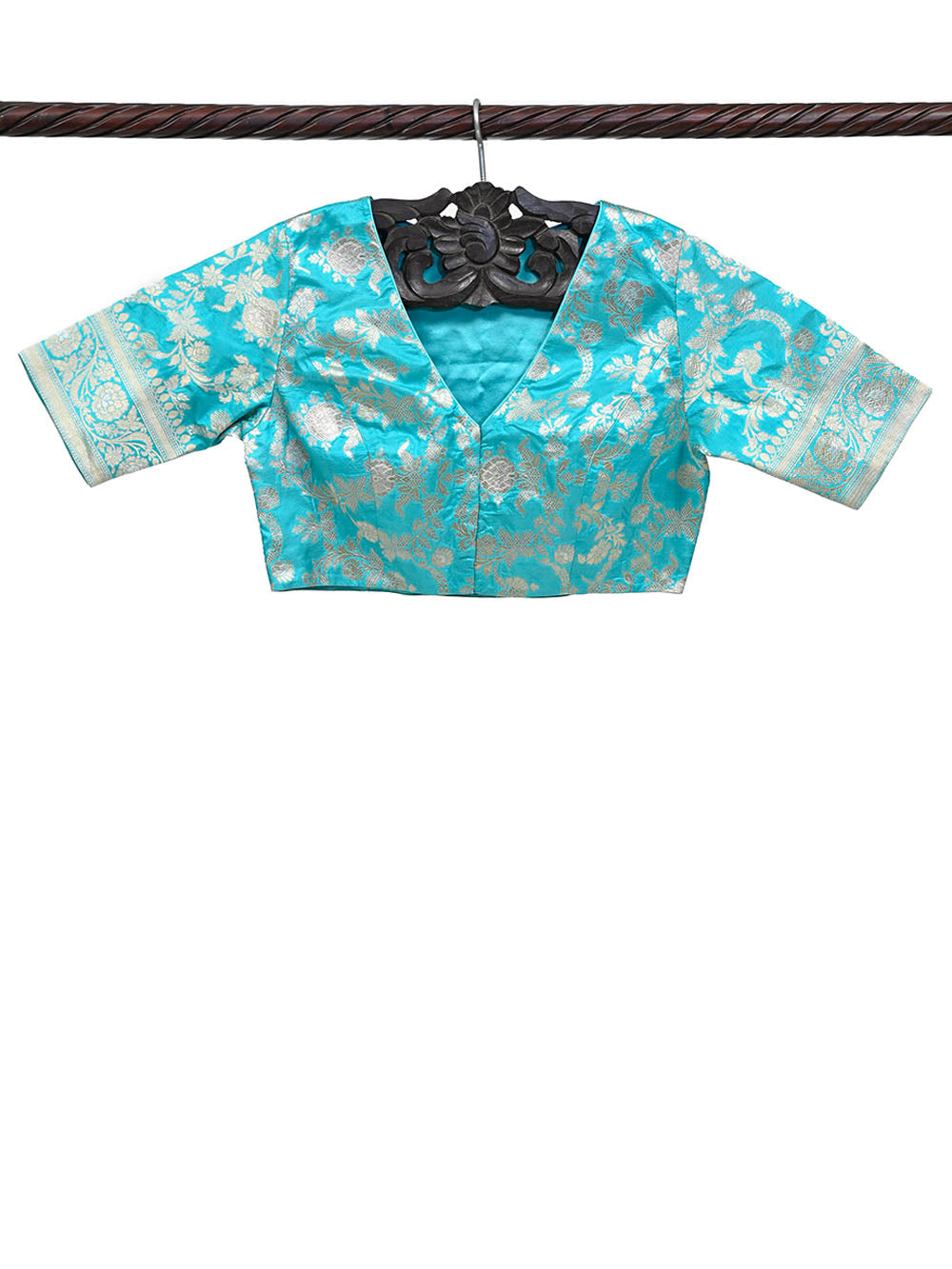 Sky Blue Uppada Silk Banarasi Ready-Made Blouse - Sacred Weaves