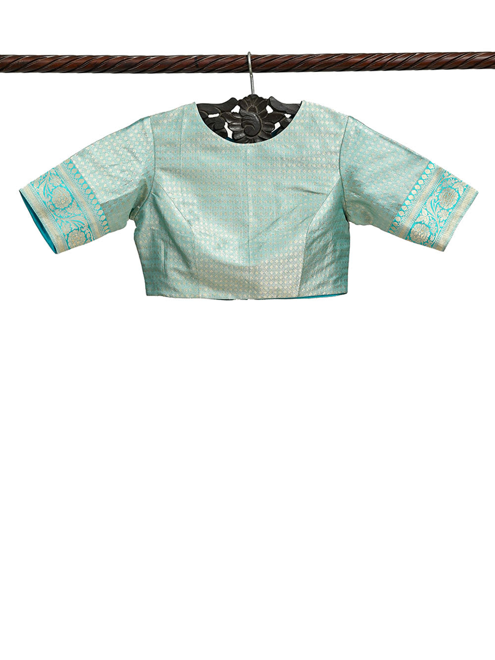 Sky Blue Brocade Katan Silk Banarasi Ready-Made Blouse - Sacred Weaves