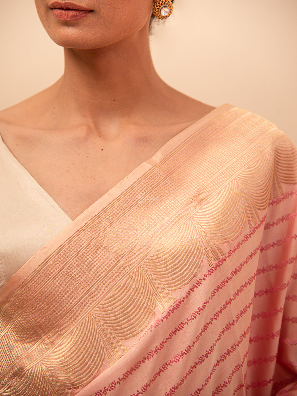 Pastel Pink Stripe Satin Tanchoi Handloom Banarasi Saree - Sacred Weaves