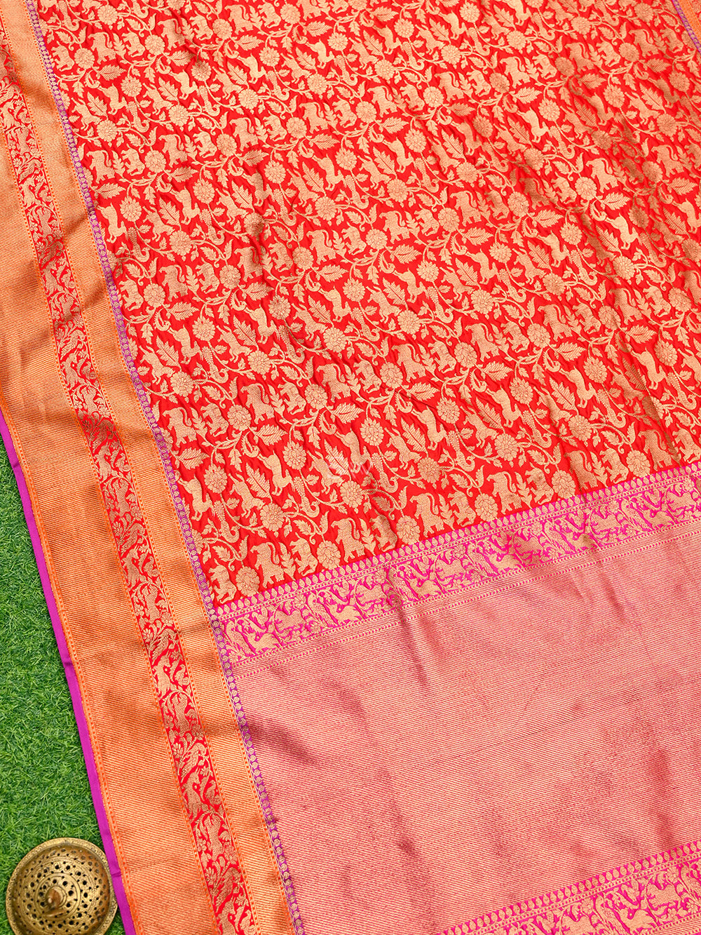 Red Shikargah Katan Silk Handloom Banarasi Saree - Sacred Weaves