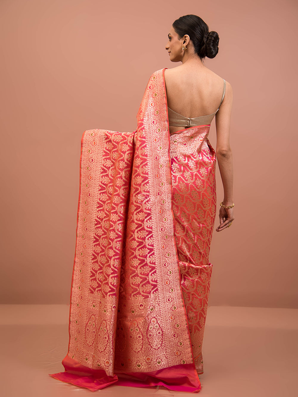 Pink Orange Meenakari Uppada Katan Silk Handloom Banarasi Saree - Sacred Weaves