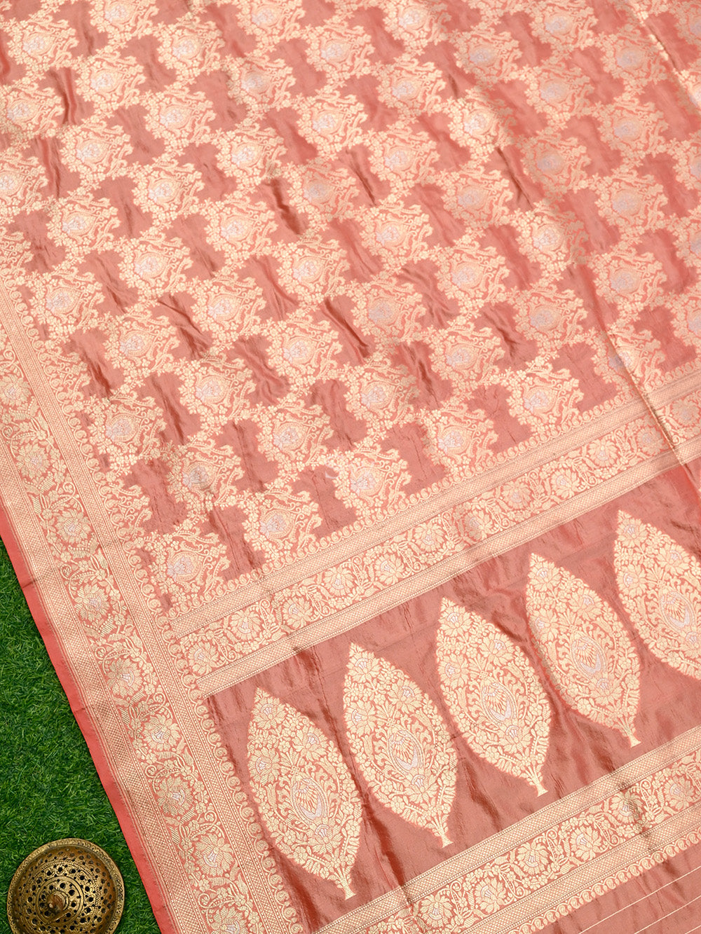 Peach Jaal Katan Silk Handloom Banarasi Saree