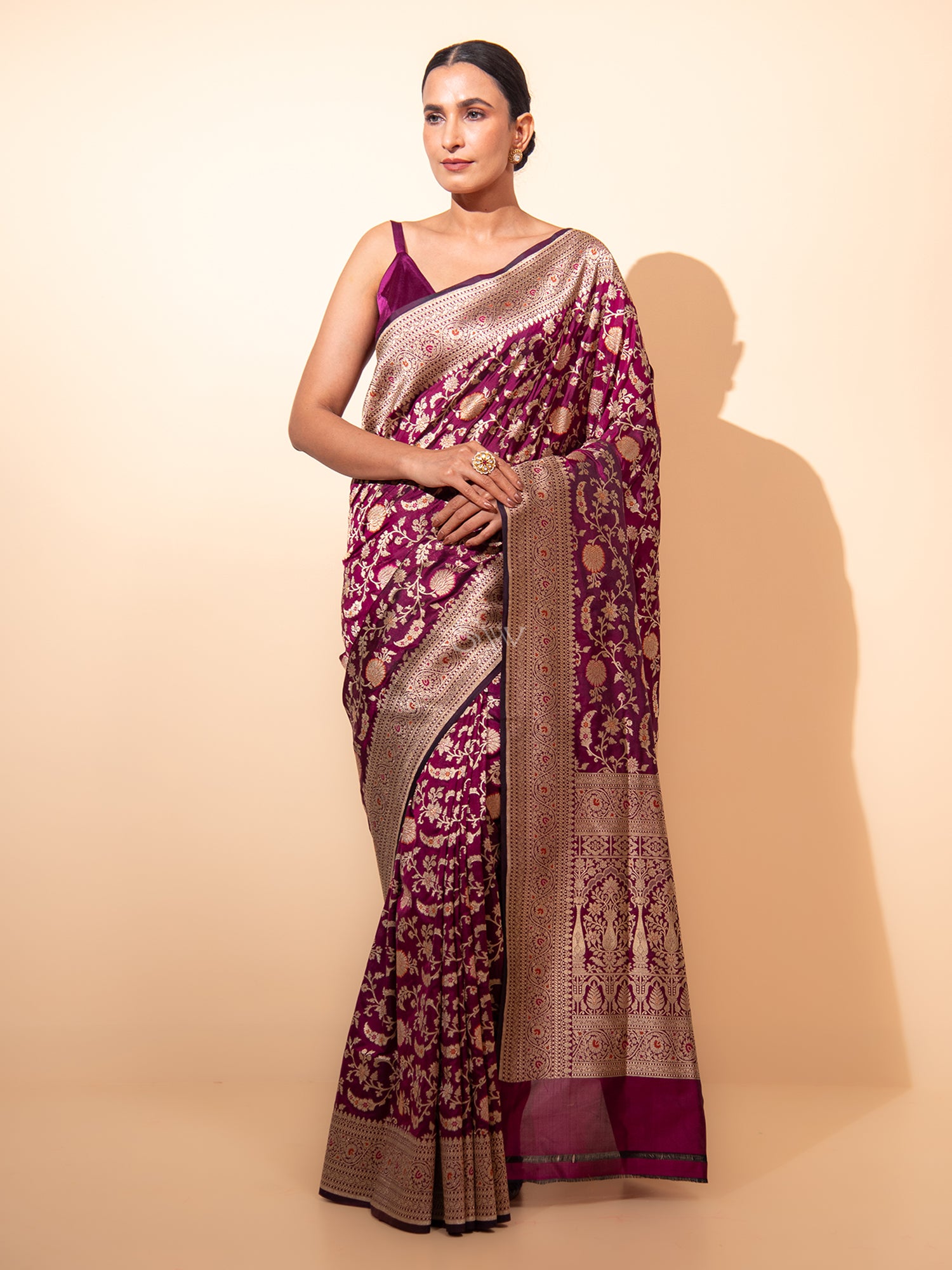 Wine Meenakari Jaal Uppada Katan Silk Handloom Banarasi Saree - Sacred Weaves