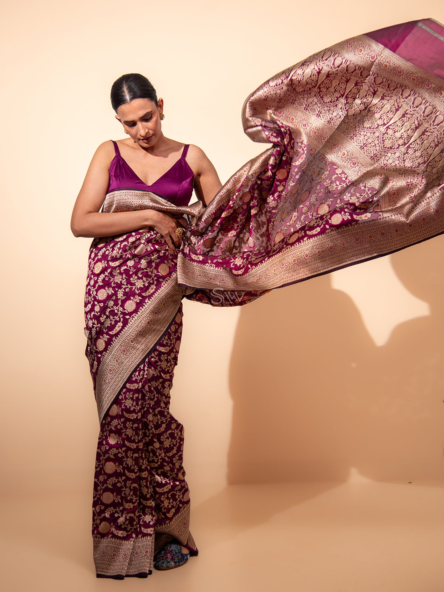 Wine Meenakari Jaal Uppada Katan Silk Handloom Banarasi Saree - Sacred Weaves