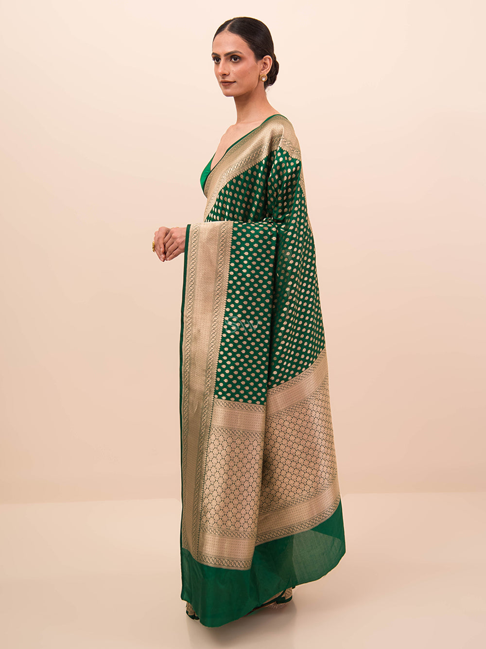 Bottle Green Booti Uppada Katan Silk Handloom Banarasi Saree - Sacred Weaves