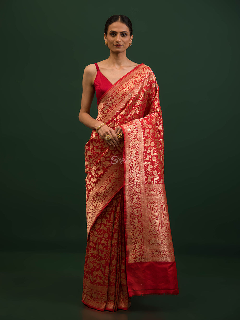 Red Shikargah Katan Silk Handloom Banarasi Saree - Sacred Weaves