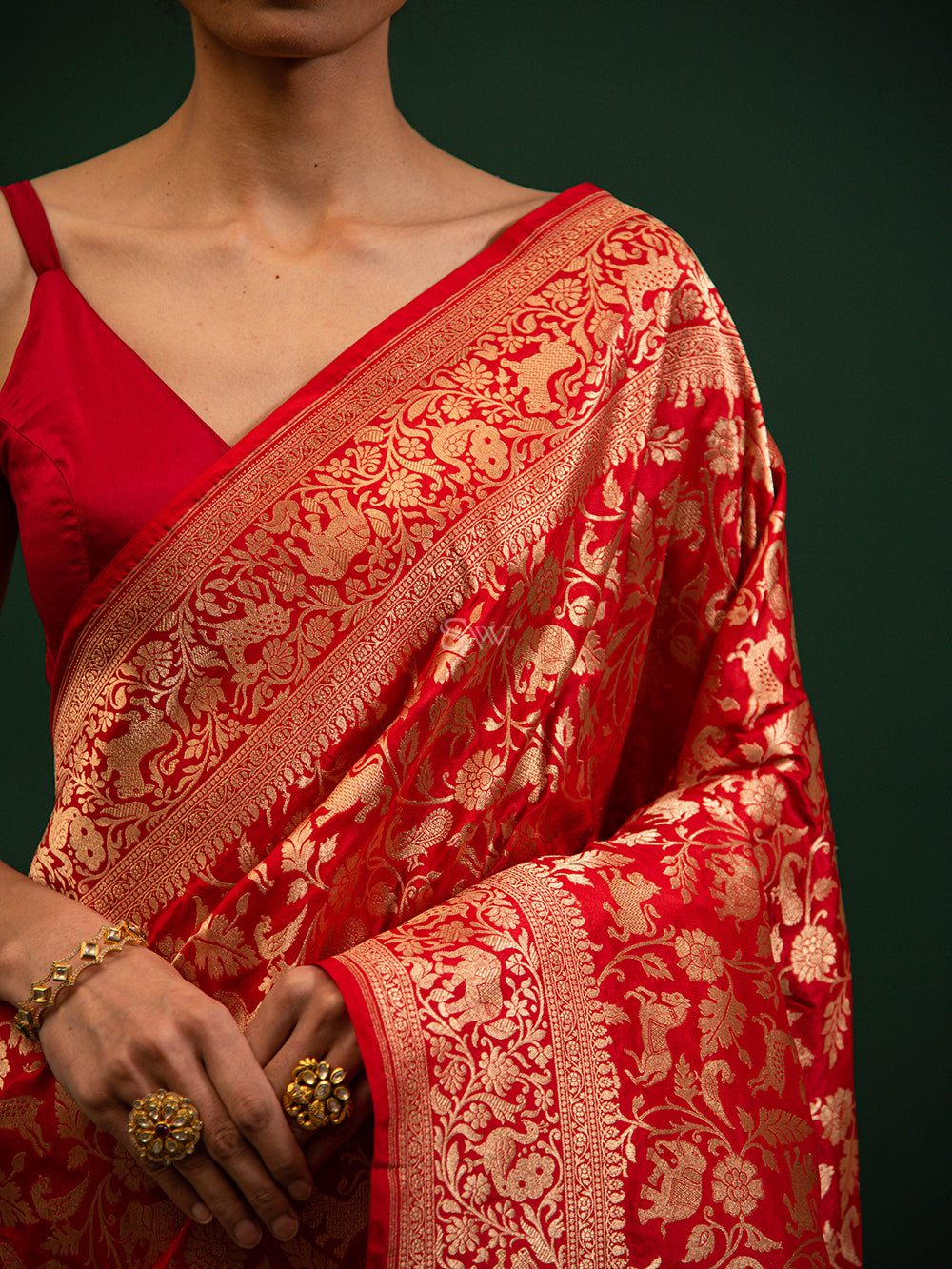 Red Shikargah Katan Silk Handloom Banarasi Saree - Sacred Weaves