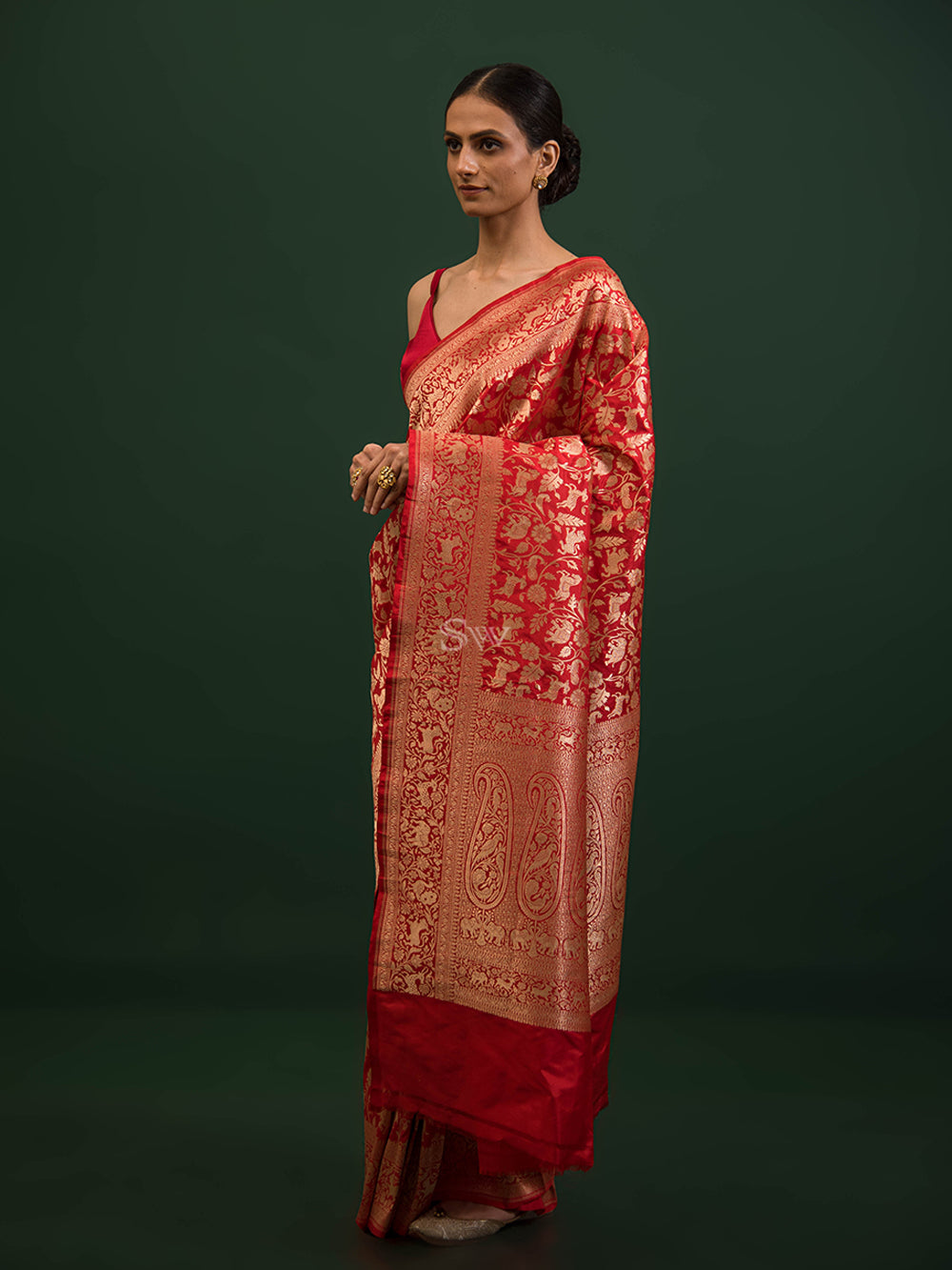 Red Shikargah Katan Silk Handloom Banarasi Saree - Sacred Weaves