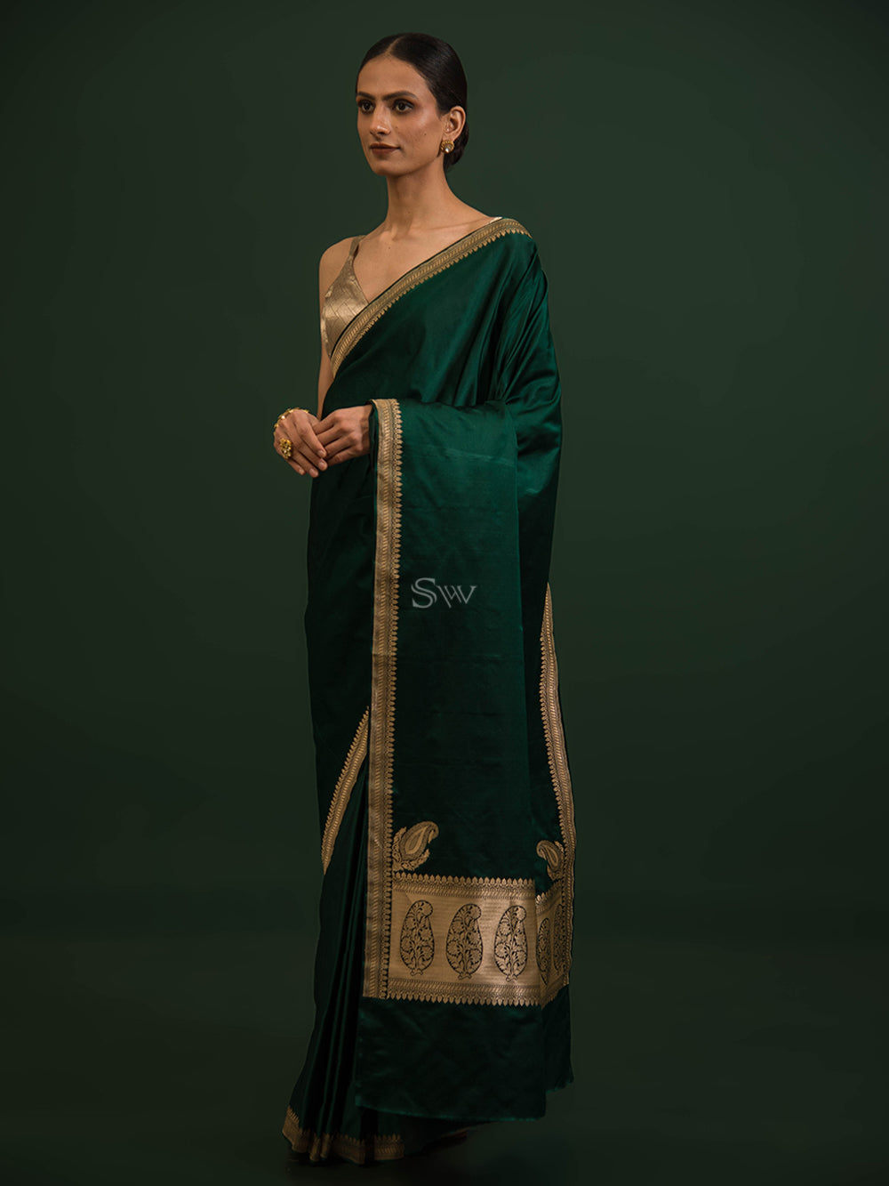 Bottle Green Konia Satin Silk Handloom Banarasi Saree - Sacred Weaves