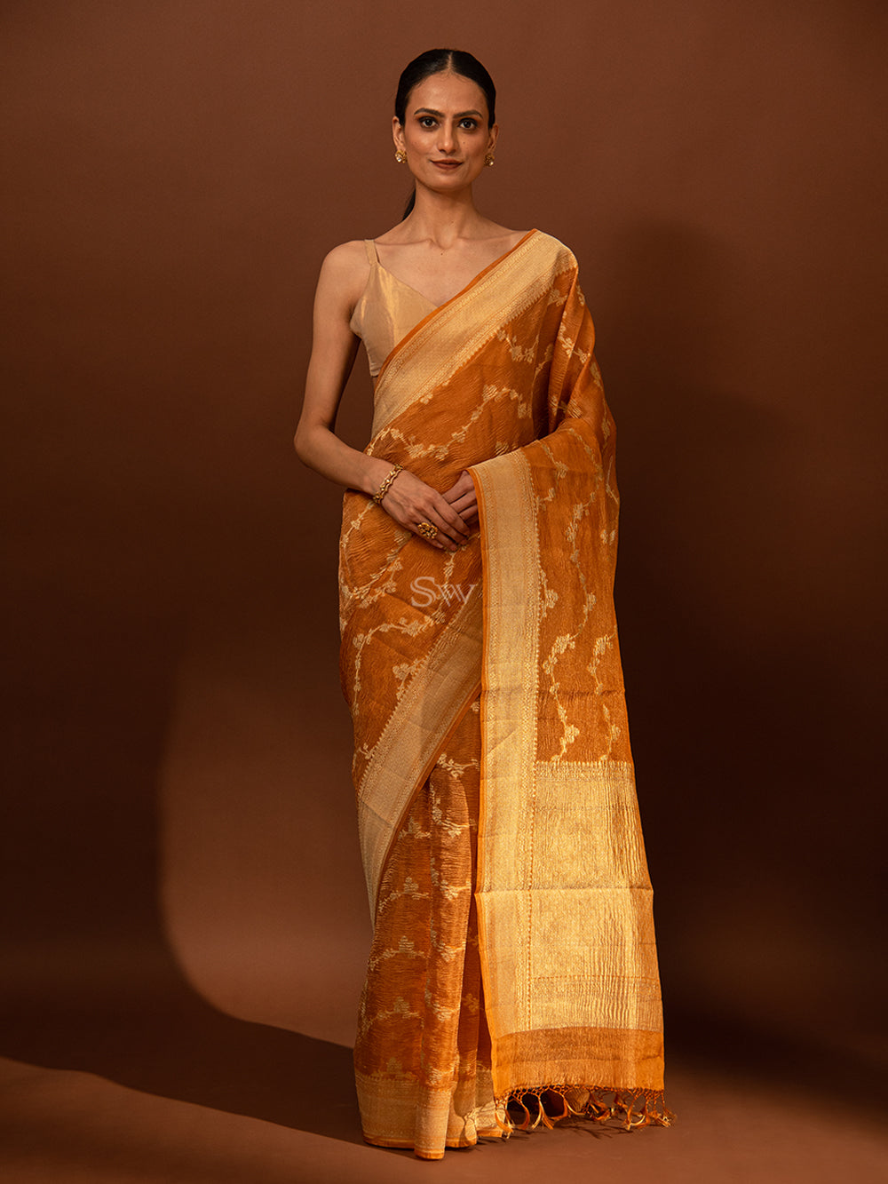 Buy Dark Orange Banarasi Saree online-Karagiri