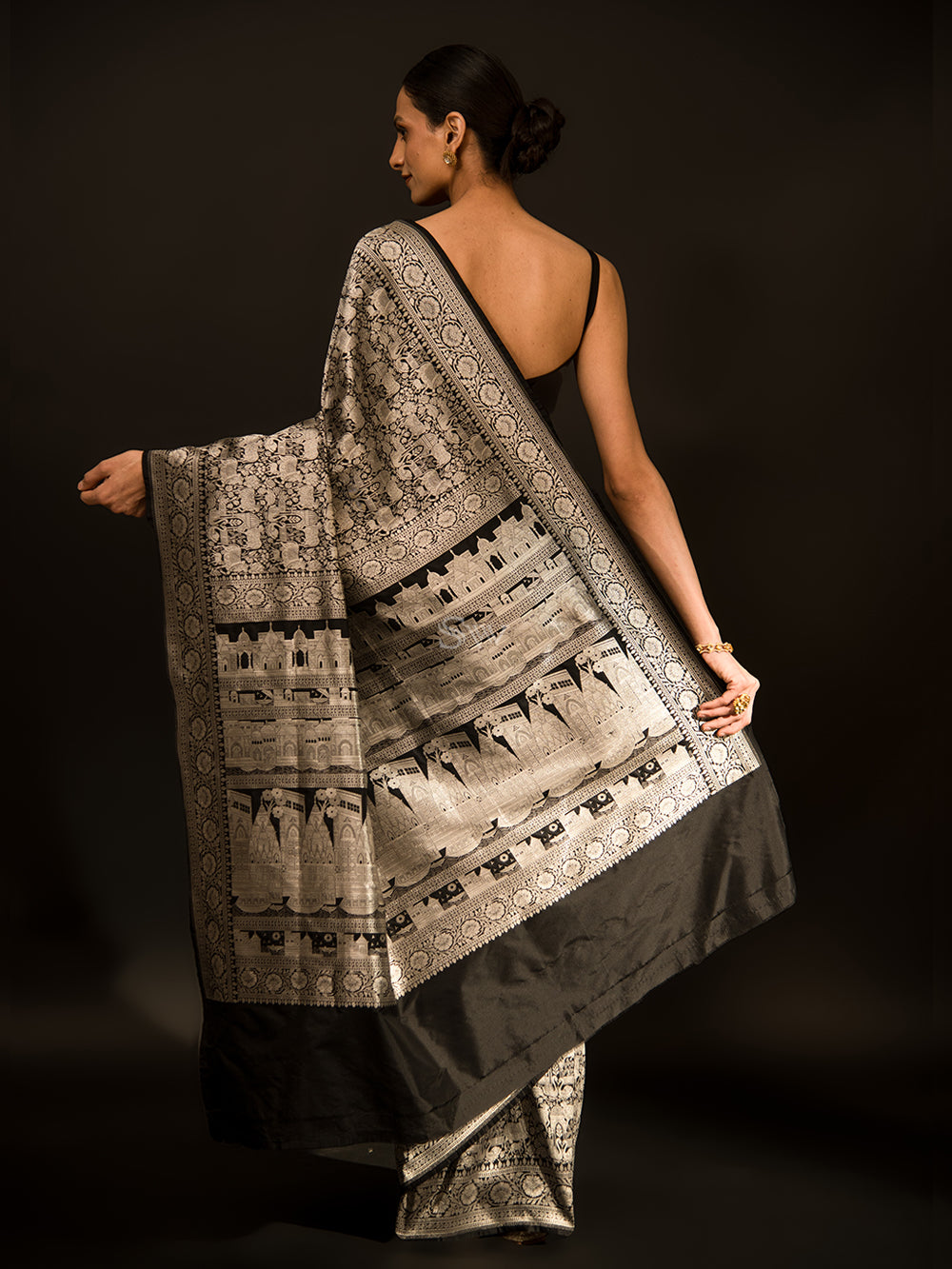 Black Shikargah Katan Silk Handloom Banarasi Saree - Sacred Weaves