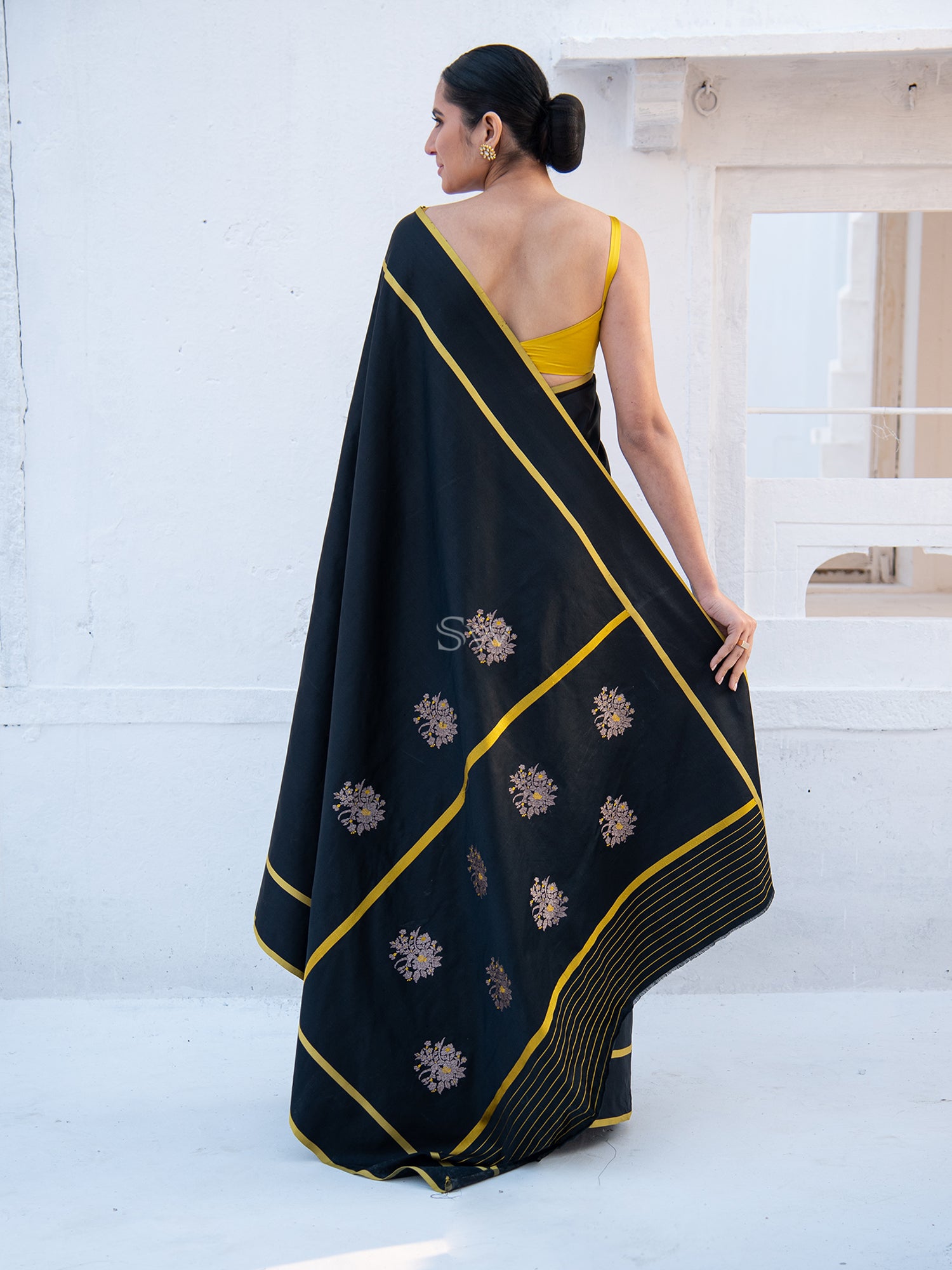 Black Meenakari Boota Satin Silk Handloom Banarasi Saree - Sacred Weaves