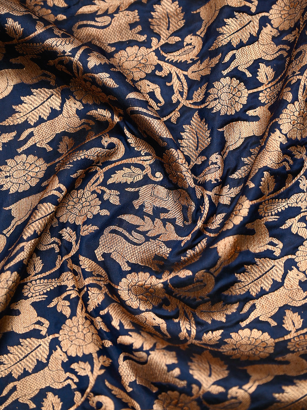 Navy Blue Shikargah Katan Silk Handloom Banarasi Saree - Sacred Weaves