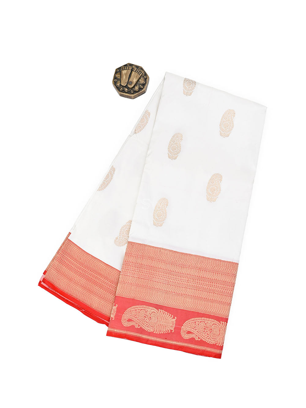 White Boota Katan Silk Handloom Banarasi Saree